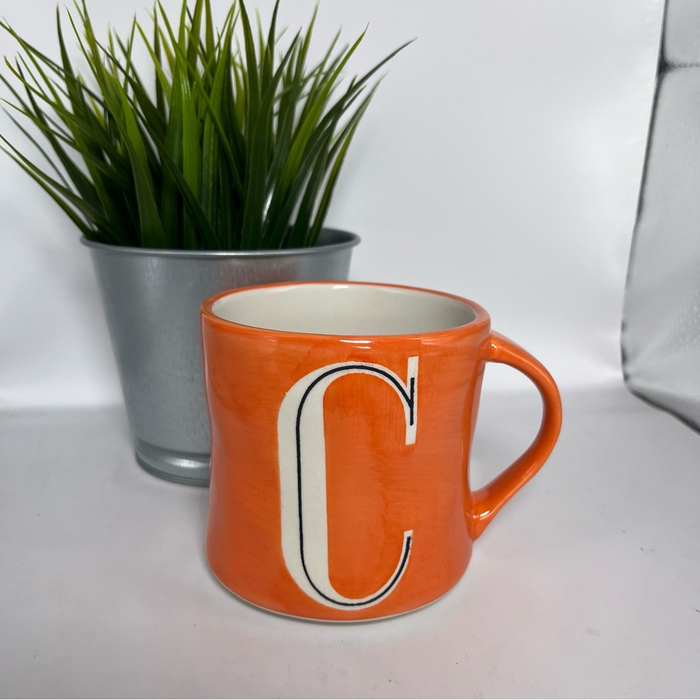 Anthropologie Handpainted Ceramic Mug Orange with Initial C Boho Shabby Chic